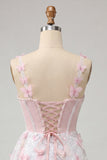 Bodycon Blush Corset Butterfly Pearl Applique Lace Up Back Homecoming Dress with Sash