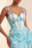 Bodycon Blush Corset Butterfly Pearl Applique Lace Up Back Homecoming Dress with Sash