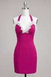 Fuchsia Bodycon Halter Neck Ruffled Lace Up Back Homecoming Dress with Beading