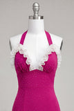 Fuchsia Bodycon Halter Neck Ruffled Lace Up Back Homecoming Dress with Beading