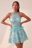 Lake Blue Corset Halter Neck Sequins A-Line Ruffle Lace Up Back Homecoming Dress