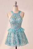 Lake Blue Corset Halter Neck Sequins A-Line Ruffle Lace Up Back Homecoming Dress