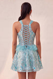 Lake Blue Corset Halter Neck Sequins A-Line Ruffle Lace Up Back Homecoming Dress