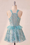 Lake Blue Corset Halter Neck Sequins A-Line Ruffle Lace Up Back Homecoming Dress