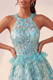 Lake Blue Corset Halter Neck Sequins A-Line Ruffle Lace Up Back Homecoming Dress