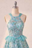 Lake Blue Corset Halter Neck Sequins A-Line Ruffle Lace Up Back Homecoming Dress