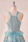 Lake Blue Corset Halter Neck Sequins A-Line Ruffle Lace Up Back Homecoming Dress