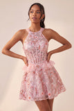 Lake Blue Corset Halter Neck Sequins A-Line Ruffle Lace Up Back Homecoming Dress