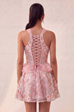 Lake Blue Corset Halter Neck Sequins A-Line Ruffle Lace Up Back Homecoming Dress