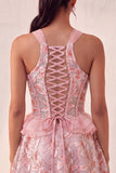 Lake Blue Corset Halter Neck Sequins A-Line Ruffle Lace Up Back Homecoming Dress