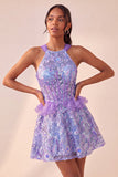 Lake Blue Corset Halter Neck Sequins A-Line Ruffle Lace Up Back Homecoming Dress