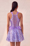 Lake Blue Corset Halter Neck Sequins A-Line Ruffle Lace Up Back Homecoming Dress