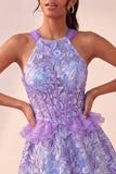 Lake Blue Corset Halter Neck Sequins A-Line Ruffle Lace Up Back Homecoming Dress