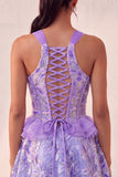 Lake Blue Corset Halter Neck Sequins A-Line Ruffle Lace Up Back Homecoming Dress
