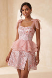 Pink A-Line Sequins Ruffle Lace Up Back Bowed Straps Homecoming Dress with Slit