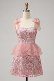 Pink A-Line Sequins Ruffle Lace Up Back Bowed Straps Homecoming Dress with Slit