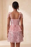 Pink A-Line Sequins Ruffle Lace Up Back Bowed Straps Homecoming Dress with Slit