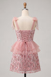 Pink A-Line Sequins Ruffle Lace Up Back Bowed Straps Homecoming Dress with Slit
