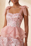 Pink A-Line Sequins Ruffle Lace Up Back Bowed Straps Homecoming Dress with Slit