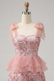 Pink A-Line Sequins Ruffle Lace Up Back Bowed Straps Homecoming Dress with Slit