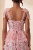 Pink A-Line Sequins Ruffle Lace Up Back Bowed Straps Homecoming Dress with Slit