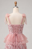 Pink A-Line Sequins Ruffle Lace Up Back Bowed Straps Homecoming Dress with Slit