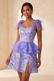 Pink A-Line Sequins Ruffle Lace Up Back Bowed Straps Homecoming Dress with Slit
