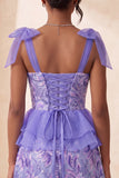Pink A-Line Sequins Ruffle Lace Up Back Bowed Straps Homecoming Dress with Slit