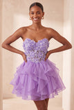 A-Line Sky Blue Sweetheart Sheer Corset Ruffled Lace Up Back Homecoming Dress