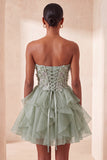 A-Line Sky Blue Sweetheart Sheer Corset Ruffled Lace Up Back Homecoming Dress