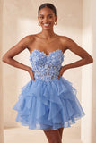 A-Line Sky Blue Sweetheart Sheer Corset Ruffled Lace Up Back Homecoming Dress