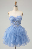 A-Line Sky Blue Sweetheart Sheer Corset Ruffled Lace Up Back Homecoming Dress