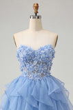 A-Line Sky Blue Sweetheart Sheer Corset Ruffled Lace Up Back Homecoming Dress