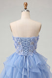A-Line Sky Blue Sweetheart Sheer Corset Ruffled Lace Up Back Homecoming Dress