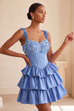 Light Purple A-Line Corset Tiered Lace Up Back Floral Homecoming Dress with Beading