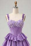 Light Purple A-Line Corset Tiered Lace Up Back Floral Homecoming Dress with Beading