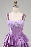 Light Purple A-Line Corset Tiered Lace Up Back Floral Homecoming Dress with Beading