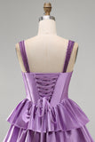 Light Purple A-Line Corset Tiered Lace Up Back Floral Homecoming Dress with Beading