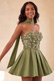 Olive A-Line Sweetheart Beaded Floral Homecoming Dress with Lace Up Back