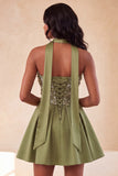 Olive A-Line Sweetheart Beaded Floral Homecoming Dress with Lace Up Back