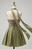 Olive A-Line Sweetheart Beaded Floral Homecoming Dress with Lace Up Back