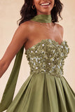 Olive A-Line Sweetheart Beaded Floral Homecoming Dress with Lace Up Back