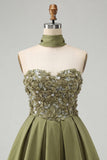 Olive A-Line Sweetheart Beaded Floral Homecoming Dress with Lace Up Back