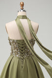 Olive A-Line Sweetheart Beaded Floral Homecoming Dress with Lace Up Back