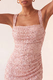Sky Blue Bodycon Square Neck Sequins Ruched Lace Up Back Homecoming Dress with Slit