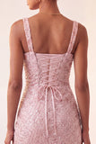 Sky Blue Bodycon Square Neck Sequins Ruched Lace Up Back Homecoming Dress with Slit