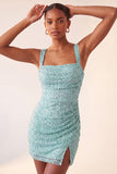 Sky Blue Bodycon Square Neck Sequins Ruched Lace Up Back Homecoming Dress with Slit