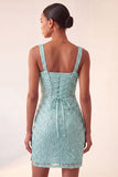 Sky Blue Bodycon Square Neck Sequins Ruched Lace Up Back Homecoming Dress with Slit
