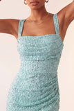 Sky Blue Bodycon Square Neck Sequins Ruched Lace Up Back Homecoming Dress with Slit