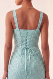 Sky Blue Bodycon Square Neck Sequins Ruched Lace Up Back Homecoming Dress with Slit